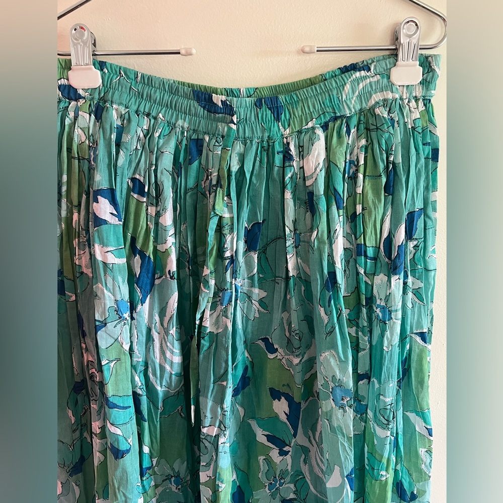 100% Cotton Vintage Blue and Green Floral Maxi Skirt with Elastic Band Large - Picture 2 of 8